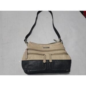 STONE Two‑Tone Shoulder Bag Beige Black Faux Leather Zip Pocket